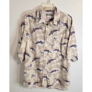 Columbia Short Sleeve Button Up Shirt All Over Fish Print Cream Blue Size XXL
